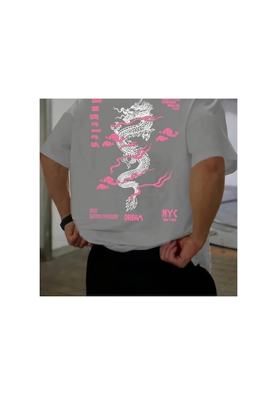 Caddemia Yaz  Moda Rahat Gevşek Pembe Ejderha Desen Baskılı Spor Yuvarlak Boyun Gri 2XL