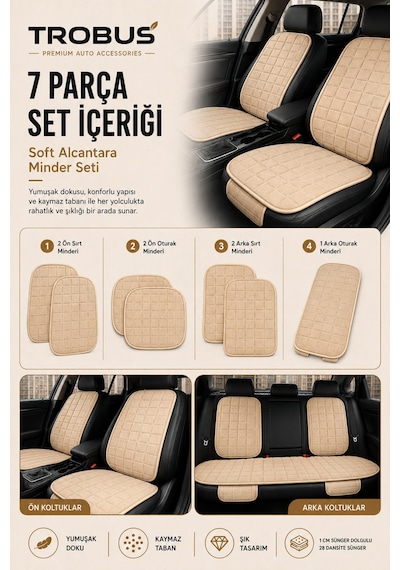 Opel Astra 2000-2004 Üniversal Soft Alkantra Kare Desen 7 Parça Oto Koltuk Minderi Bej