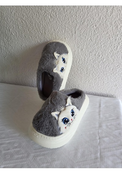 Kadın Kedili Peluş Rahat Ev Terliği 25bnt133 Gri