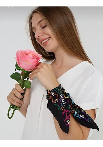 Herşey Nota Peace Barış Desenli Fular Bandana Pamuklu Unisex