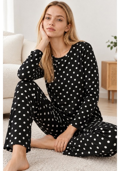 Kadın Desenli İkili Siyah Rahat Pijama Takımı 4814