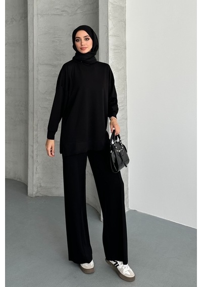 Feela Moda Kadın Modal Penye Oversize Tesettür Tunik Takım 2020 Siyah