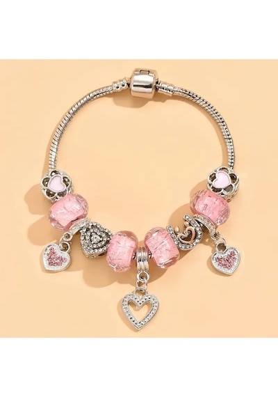 Worldshop Pembe Taşlı Kalp Charmlı Bileklik