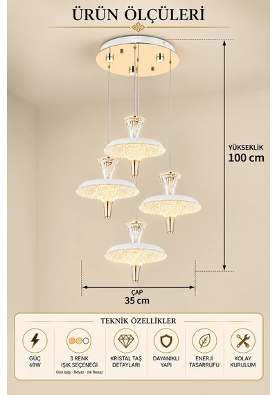 Modern Premium Gold Sarkıt Avize 4'lü Led Salon Yemek Odası Avizesi 69w 3 Renk Beyaz