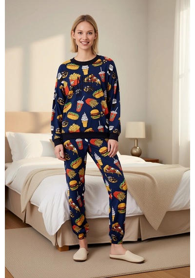 Benerly Kadın Bisiklet Yaka Düşük Kol Fitted Örme Pijama Takımı Fonksiyon Çok renkli