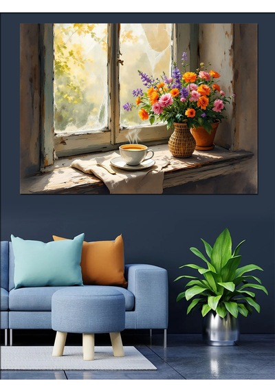 Pencerede Vazoda Çiçekler Dekoratif Kanvas - Mdf Ahşap Tablo