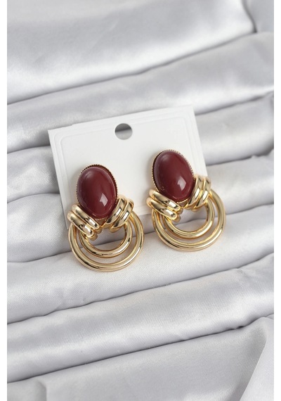 Mey İthalat Pirinç Gold Renk Bordo Taşlı Vintage Kadın Küpe Çok Renkli