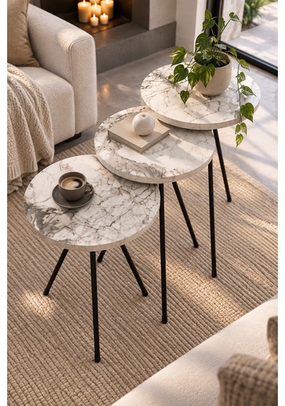 Sulorahome Zigon Sehpa Takımı - Beyaz Beyaz - Beyaz Mermer