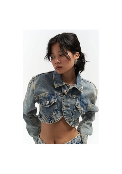 Mai Collection Mai Studios Co. Cali Çapraz Detay Kirli Yeşil Crop Jean Ceket Mavi