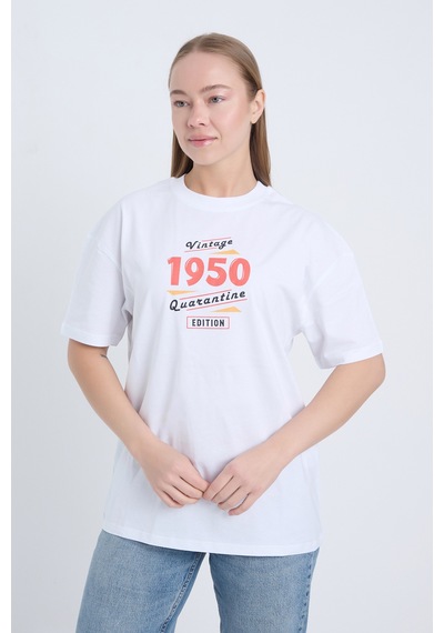 Kadın Oversize Baskılı T-shirt Beyaz 1950 Beyaz