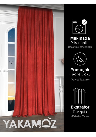 Yakamoz Kadife Görünüm Kırmızı Ada Fon Perde Ekstraforlu Velvet Touch Serisi Kırmızı