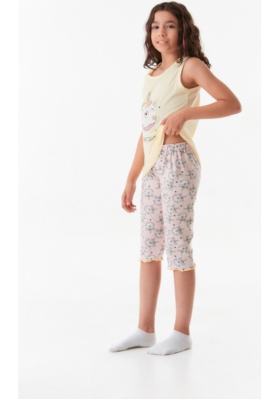 Fullamoda Baskılı Bisiklet Yaka Kız Çocuk Pijama Takımı 24mıcg631212232-sarı 24MICG631212232-Sarı