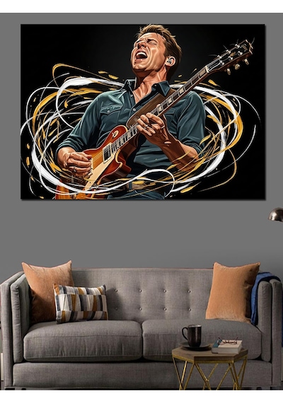 Ahşap Tablo Gitar Çalan Karizmatik Müzisyen Portresi