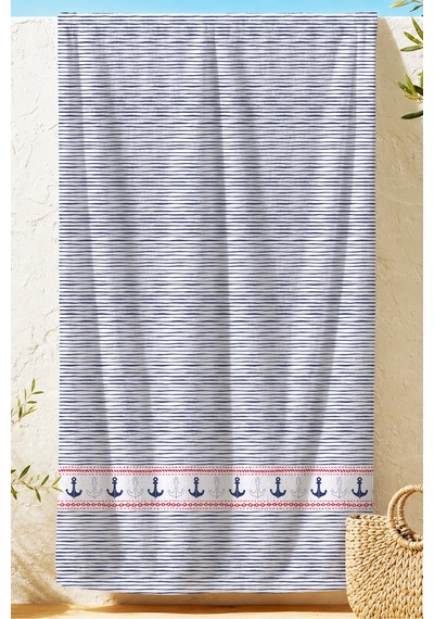 Çizgili Çapa Marine Plaj Havlusu - Lacivert Beyaz Nautical Modern Hızlı Kuruyan Mikrofiber Havlu Bulut Köpüğü