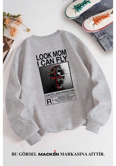 Macklin Unisex Kadın Erkek Travis Scott Cactus Jack Özel Tasarım Baskılı Bisiklet Yaka Sweatshirt Gri3 Mck1303 Gri