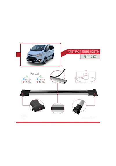 Ford Transit Tourneo - Custom 2012-2023 Arası İle Uyumlu Fly Model Ara Atkı Tavan Barı Gri 3 Adet Bar
