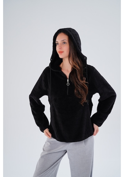 Paw Garage Kadın Büyük Beden Geniş Kalıp Wellsoft Kumaş Kapüşonlu Sweat - İçi Dışı Peluş Tasarım, Sıcak Tutar Siyah