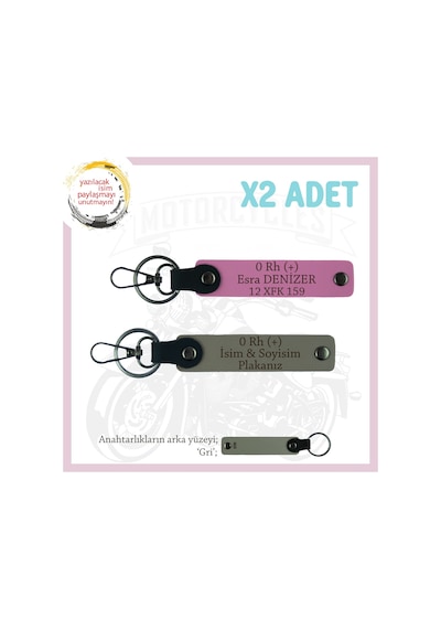 Custom Motorculara Özel, İsim Plaka Ve 0 Rh + Kan Grubu Yazılı X2 Anahtarlık Set, Kül Gri-pembe-gr Çok Renkli
