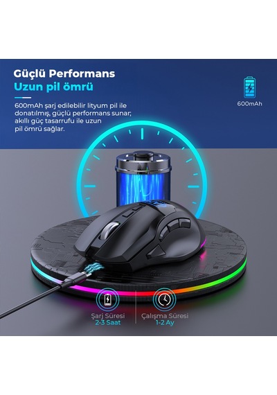 Mkespn W10 Dual Mode Rgb Gaming Mouse 2.4 Ghz Bluetooth 2400 Dpı 9 Tuş Makro 500hz Siyah Diğer