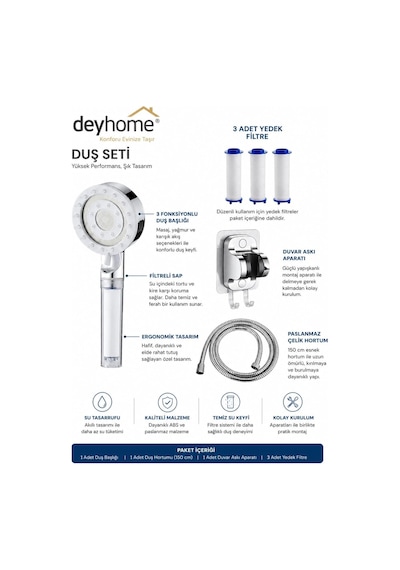 4'lü Duş Seti, Gri Filtreli Duş Başlığı, 150 Cm Örgülü Hortum, Yapışkanlı Askı Aparatı Ve 3 Yed