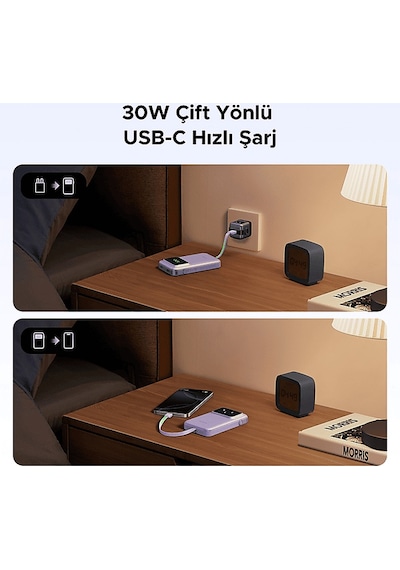 Ugreen 35604B Uno Dahili Kablolu 10.000 Mah 30W Hızlı Şarj Powerbank Mor
