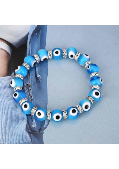 Stretch 10 Mm Turkuaz Renk Nazar Boncuklu Kristal Taşlı Rondela Bileklik Diğer