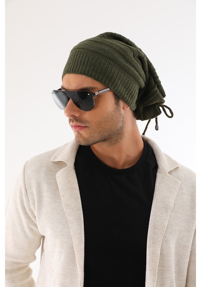 Ritagarcia Unisex Arkası İpli Büzgülü Triko Bere Kışlık Dökümlü Slouchy Beanie Bere Haki