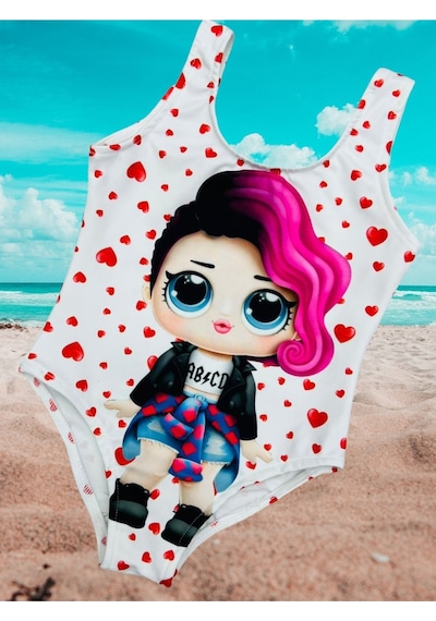 Lolliboomkids Kız Çocuk Punk Lol Rocker Boi Mor Saçlı Karakter Desen Beyaz Üzeri Kalp Desen Mayo Beyaz - Pembe