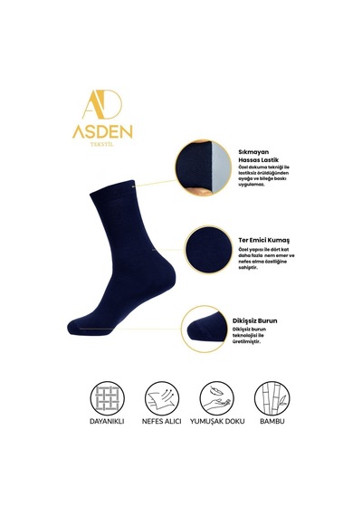 Asden Bambu Erkek Beyaz Soket Çorap 12'li Paket, Burun Dikişsiz, Yıkamalı 4 Lacivert