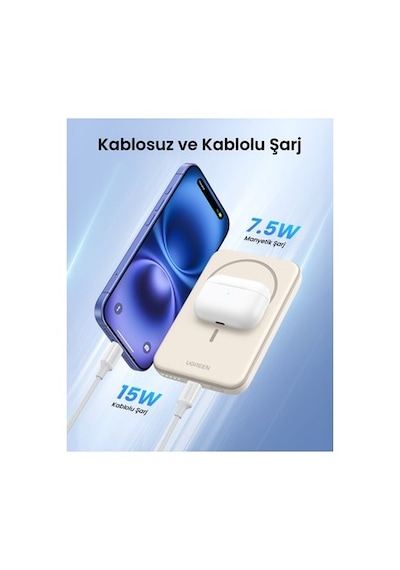 15w Kablosuz Powerbank, 5000mah Kapasite, Bej Renk 30.000 Mah