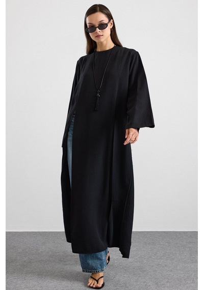 Olcay Derin Yırtmaçlı Oversize Uzun Tunik Siyah 9838