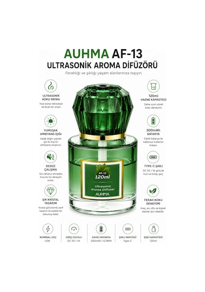 Auhma Af-13 120ml Şarjlı Ultrasonik Araç Koku Difüzörü Yeşil Ambiyans Işıklı Forest Esans Aroma Yayıcı