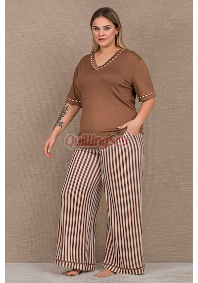 Lady Kahverengi Çizgili Desenl 11061 Kısa Kol Kadın Büyük Beden Anne Pijama Takımı Lady Kahverengi Çizgili Desenl 11061 Kısa Kol Kadın Büyük Beden Anne Pijama Takımı