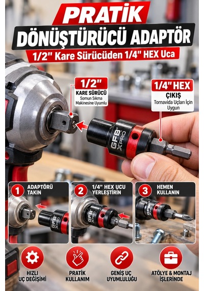 Gfb X-pro 1/2" Kare Giriş 1/4" Hex Çıkış Hızlı Değişim Dönüştürücü Adaptör Crv Açı