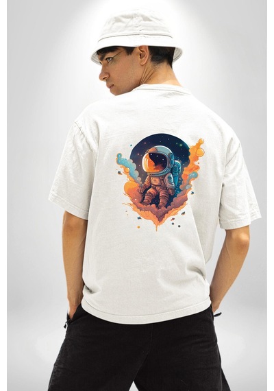 Bulutlar Astronot Uzay Beyaz Oversize Unisex Ön Ve Sırt Baskılı Tişört Beyaz