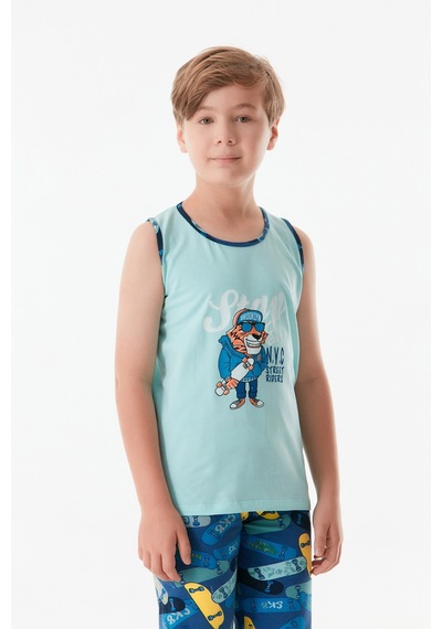 Fullamoda Baskılı Bisiklet Yaka Erkek Çocuk Pijama Takımı 24mıcg631212230-mavi 24MICG631212230-Mavi