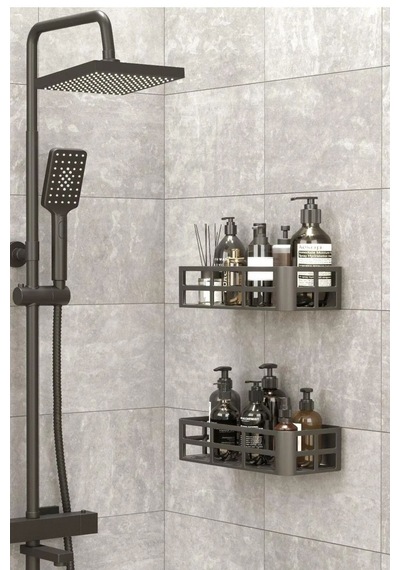 2'li Set Banyo Duş Rafı Şampuanlık, Sabunluk Siyah Yapışkanlı Siyah