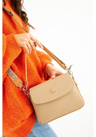 Just Polo Vizon Baskı Desenli Kolon Askılı 4 Bölmeli Kadın Omuz Çantası Ve Cüzdan Kombini 25x15cm Pbu2184 Vizon