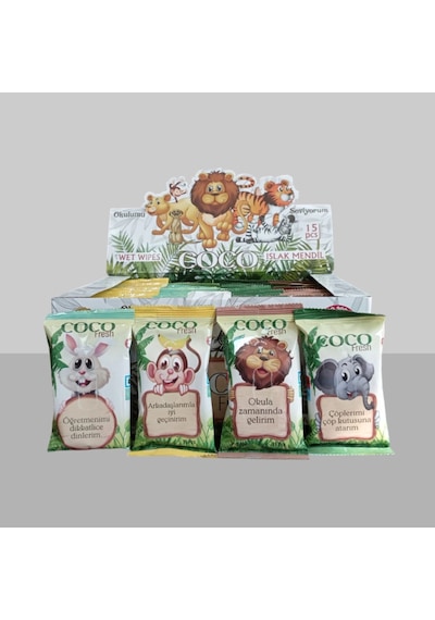 Coco Fresh Cep Islak Mendil 15'li Paket 36'lı Kutu x 4 Safari Hayvanlar 144'lü Set