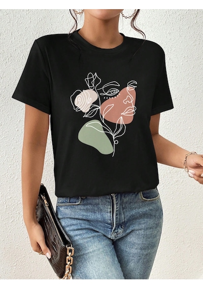 Portrait & Flower Baskılı Oversize Tshirt Siyah