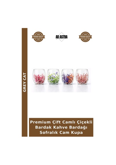 Premium Çift Camlı Çiçekli Bardak Kahve Bardağı Sofralık Cam Kupa Şeffaf