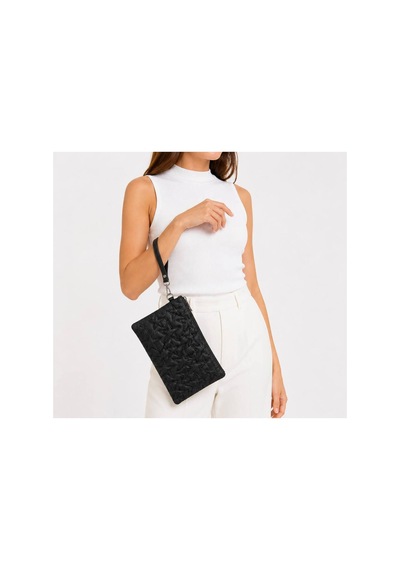 Wikidays.s Moda Trendi Kadın Orta Boy Yıldız Desenli El Çantası - Parlak Dokulu Bilek Askılı Portföy Clutch Mat Siyah