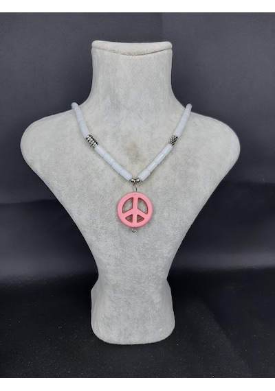 Mryart Doğal Taş Boncuklu Pembe Barış Sembollü Kolye Unisex Bohem Tarz Aksesuar 001 - Beyaz