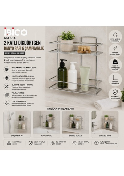 İbico K13-017 Banyo Köşelik Duşakabin Rafı Ve Şampuanlık 2 Katlı Dikdörtgen - Krom Metal- 12'li Paket Diğer