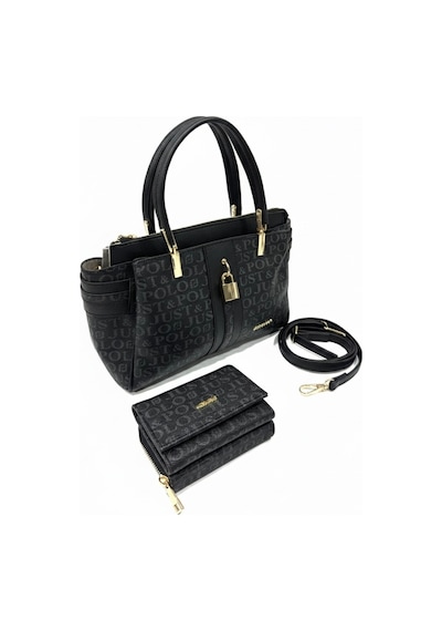 Just Polo Kadın Lüks El & Omuz Çantası Gold Detaylı Özel Tasarım Çanta Ve Uyumlu Cüzdan 22x28 Cm Siyah