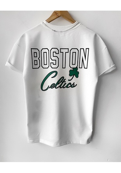 Çocuk Erkek Boston Celtic Oversize Baskılı Pamuklu Bisiklet Yaka Beyaz