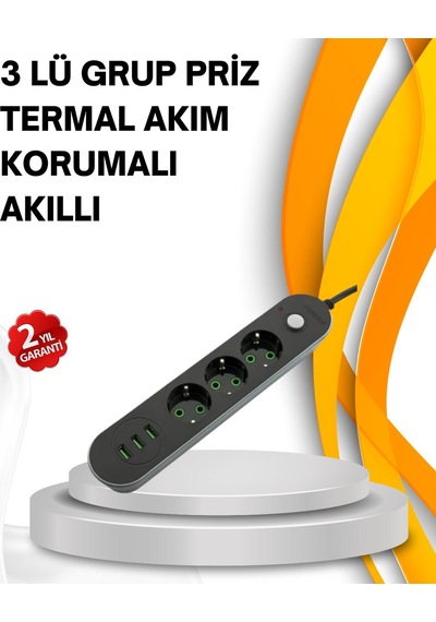 Hızlı Şarj Özellikli 3 Usb Girişli Üçlü Priz 1