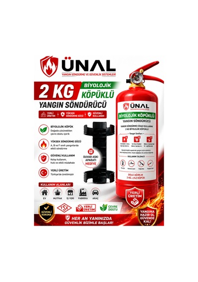 2 Kg Biyolojik Köpüklü Yangın Söndürme Cihazı Duvar Askı Aparatlı Çevre Dostu Yangın Tüpü