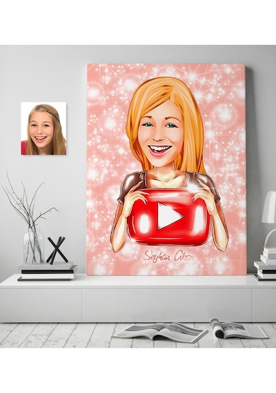 Kişiye Özel Kadın Youtuber Karikatürlü Kanvas Tablo 70X100Cm-1