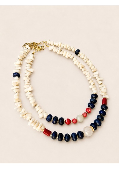 El Yapımı Doğal Taşlı İkili Kolye Beyaz Mercan, Lapis Lazuli, Jasper Ve Ay Taşı Kolye Mavi